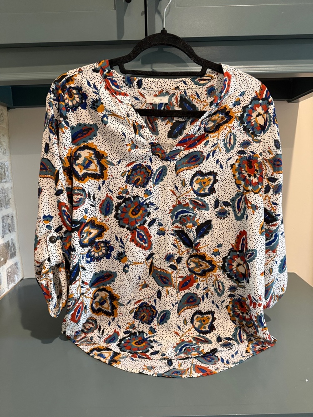 Maurices White Floral V-Neck Blouse with Blue, Rust & Mustard Accents